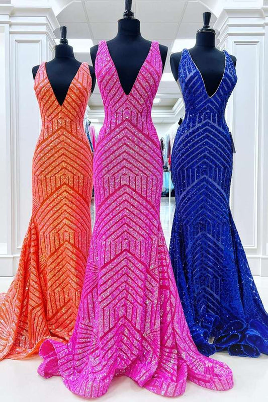 Hot Pink V Neck Sequined Sleeveless Mermaid Prom Party Formal Dress Front Side