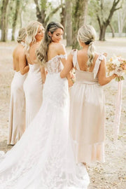 Champagne Sleeveless Satin Bridesmaid Dresses with Open Back