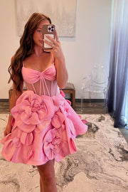 Beautiful Pink Spaghetti Straps A-Line Short Satin Homecoming Dress with Flowers