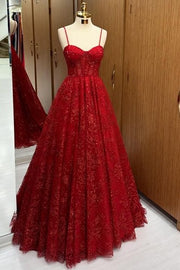 Charming Red Sweetheart Spaghetti Straps A-Line Lace Prom Dresses