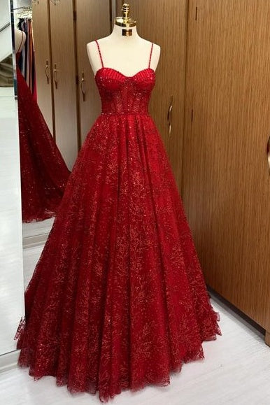 Charming Red Sweetheart Spaghetti Straps A-Line Lace Wedding Dresses