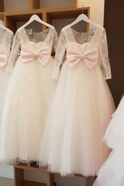 A-Line Tulle Backless Long Sleeves Flower Girl Dresses with Bow