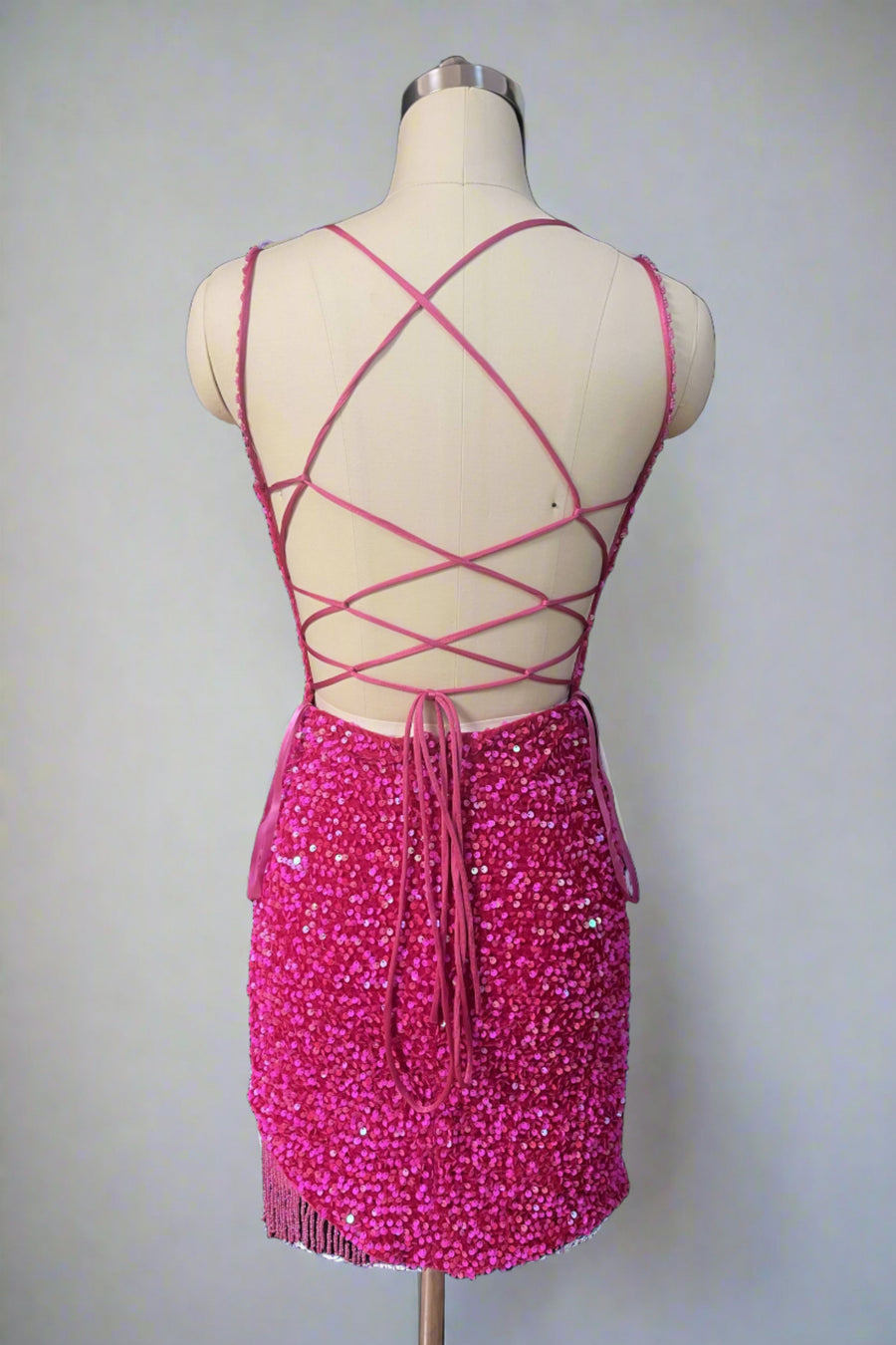 Fuchsia Criss Cross Straps Sequined Tight Short Homecoming Dresses