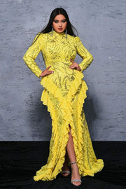 Yellow Sequined High Neck Long Sleeves Mermaid Evening Dresses with Slit