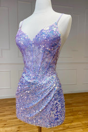 Beautiful Lavender V-Neck Sequined Short Sheath Homecoming Dresses