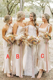 Champagne Sleeveless Satin Bridesmaid Dresses with Open Back