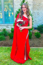 Red Column Satin One-Shoulder Prom Dresses with Watteau Train