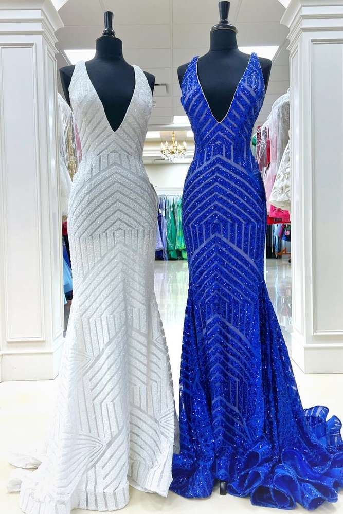 White V-Neck Sequined Sleeveless Mermaid Long Prom Dresses