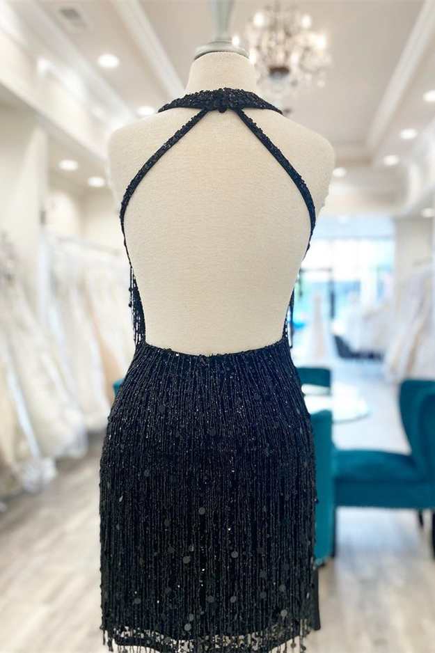 Black V-Neck Backless Short Sheath Homecoming Dresses with Tassel