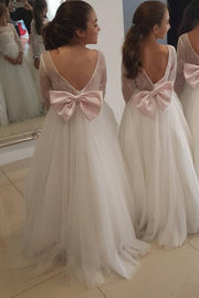 A-Line Tulle Backless Long Sleeves Flower Girl Dresses with Bow