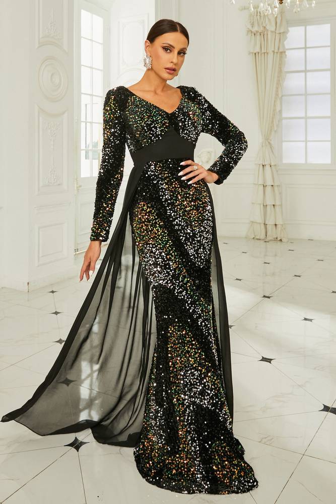 Sequined V-Neck Long Sleeves Mermaid Evening Dresses