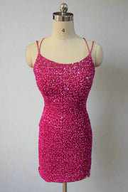 Fuchsia Criss Cross Straps Sequined Tight Short Homecoming Dresses