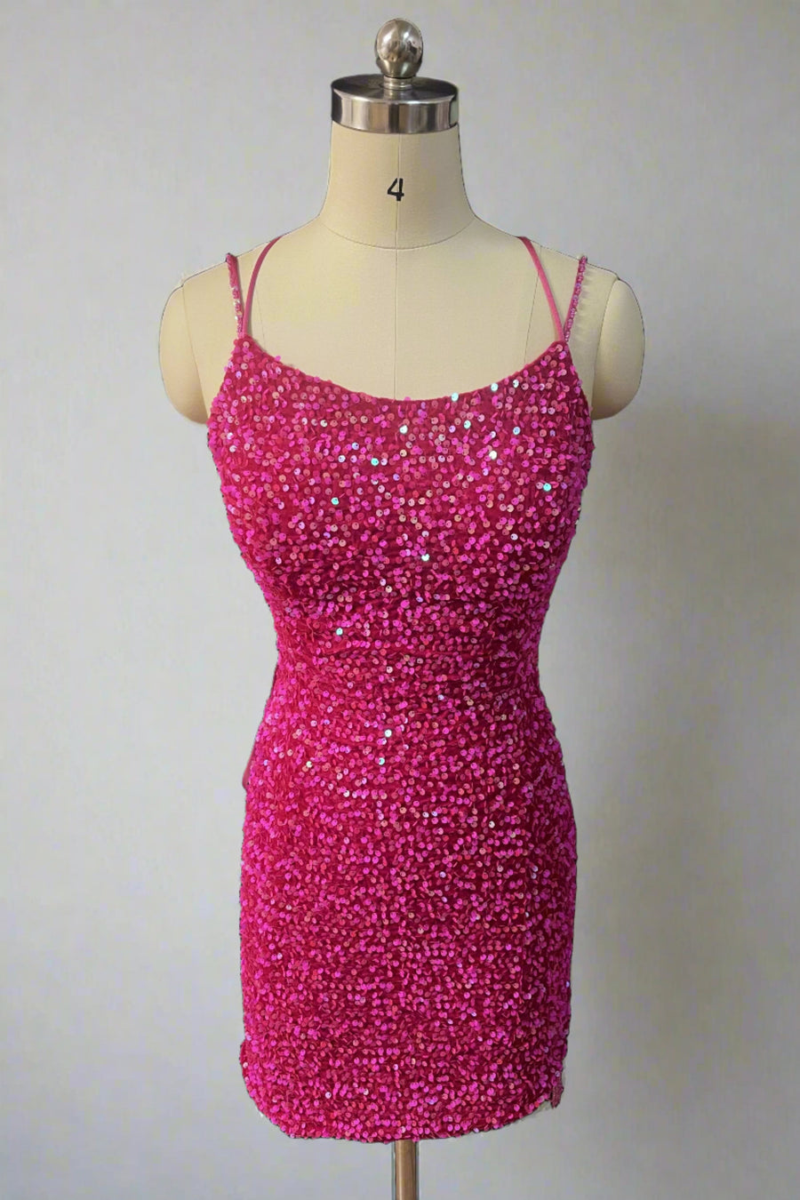 Fuchsia Criss Cross Straps Sequined Tight Short Homecoming Dresses