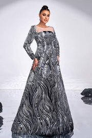 Charming  Sequined Floor-Length Jewel Neck A-Line Evening Dresses with Long Sleeves