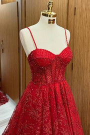 Charming Red Sweetheart Spaghetti Straps A-Line Lace Prom Dresses