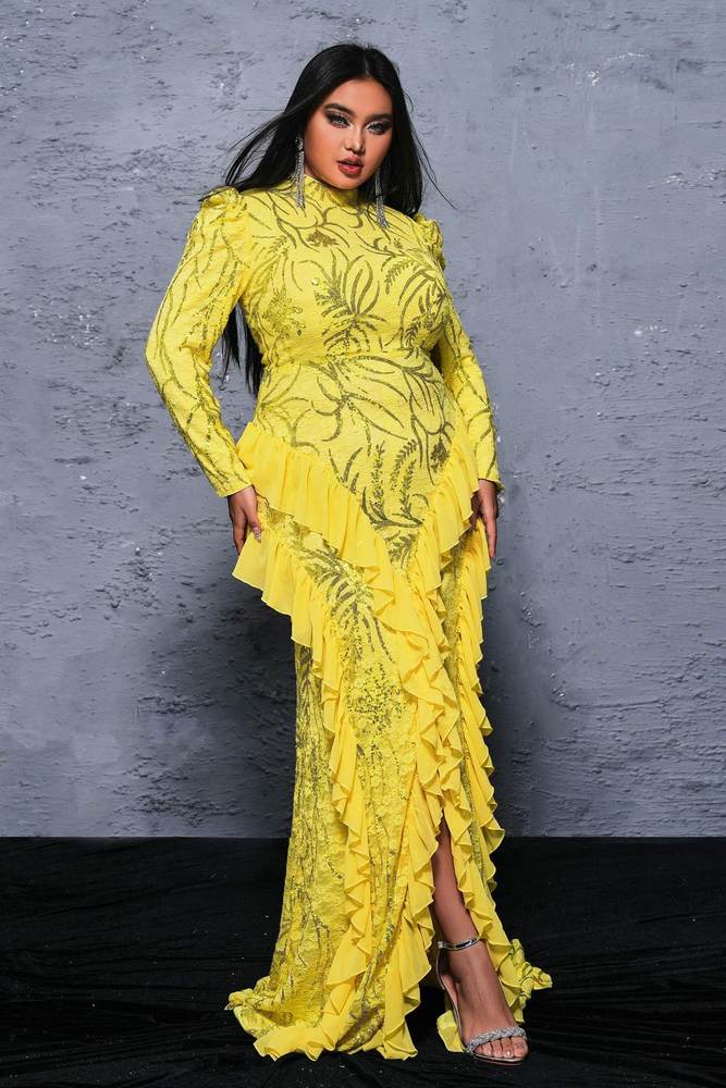 Yellow Sequined High Neck Long Sleeves Mermaid Evening Dresses with Slit