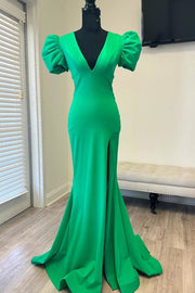 Sexy Emerald V-Neck Short Sleeves Mermaid Prom Dresses with Slit