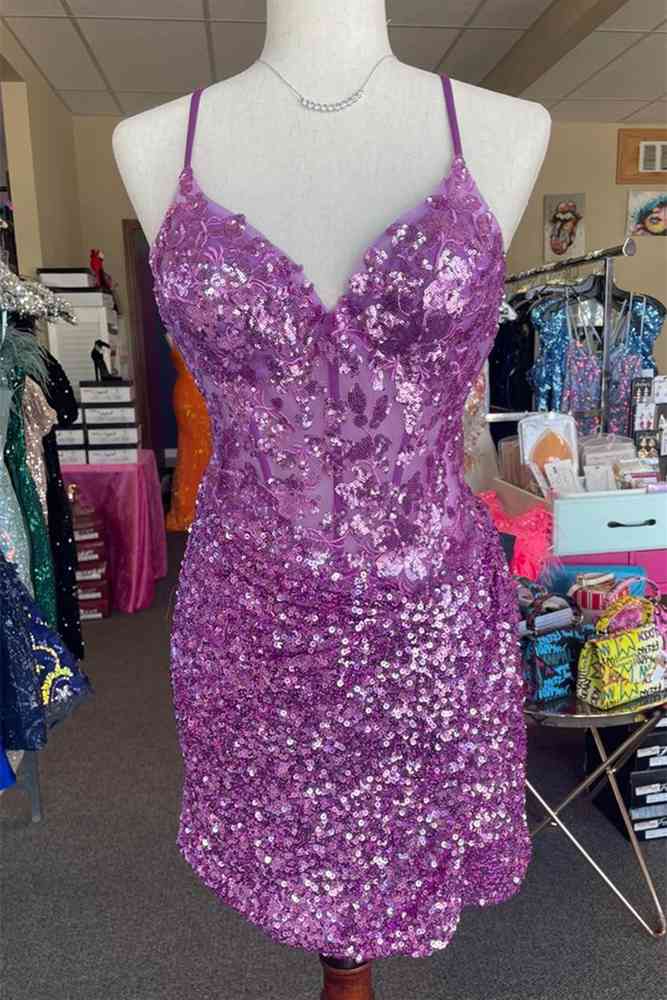 Beautiful Orchid V-Neck Sequined Short Sheath Homecoming Dresses