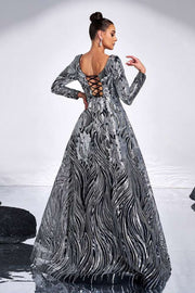 Charming  Sequined Floor-Length Jewel Neck A-Line Evening Dresses with Long Sleeves