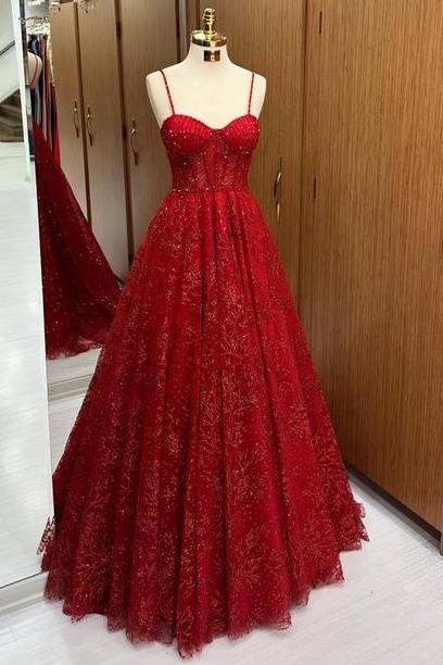 Charming Red Sweetheart Spaghetti Straps A-Line Lace Wedding Dresses