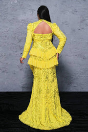 Yellow Sequined High Neck Long Sleeves Mermaid Evening Dresses with Slit