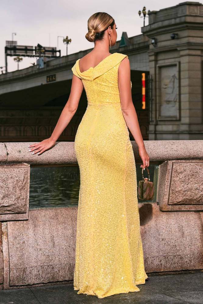 Yellow Capped Mermaid Sequin Evening Dresses with Slit