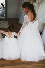 A-Line Tulle Backless Long Sleeves Flower Girl Dresses with Bow