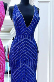 Royal Blue V-Neck Sequined Sleeveless Mermaid Long Prom Dresses