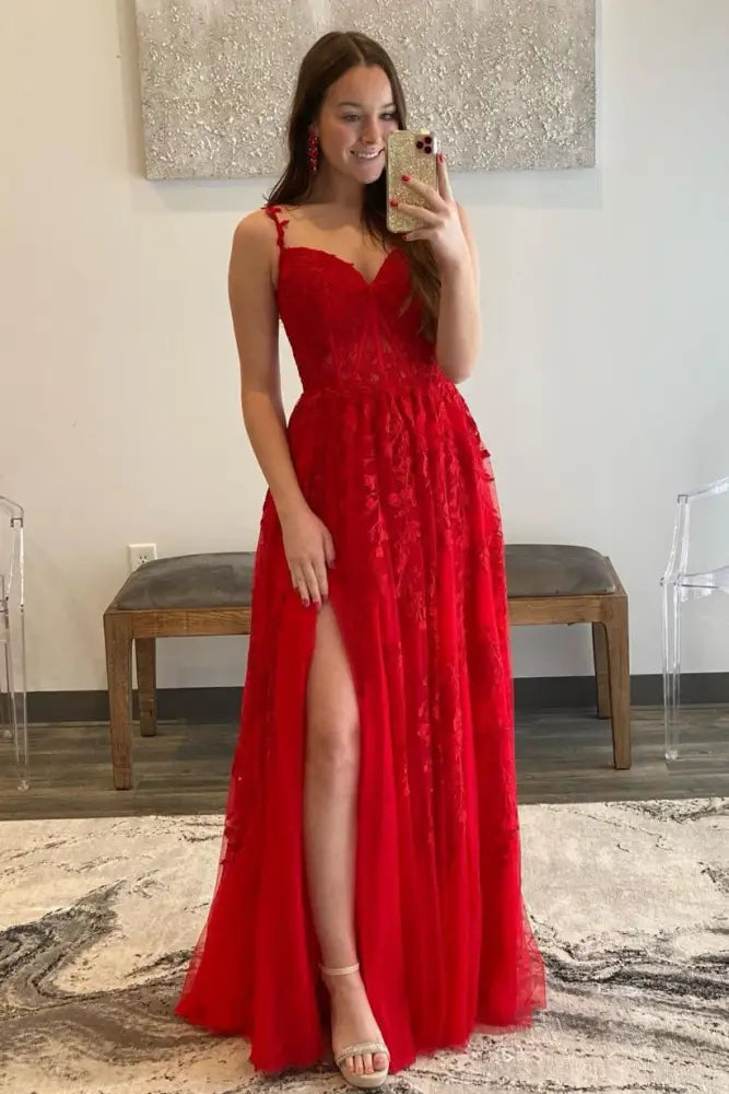 Red Long A-Line Spaghetti Straps Tulle Prom Dresses with Slit