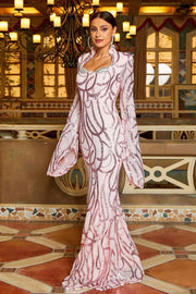 Pink Sequined Long Sleeves Mermaid Formal Evening Dresses