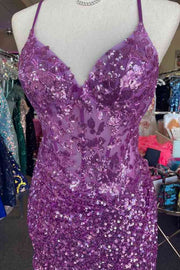 Beautiful Orchid V-Neck Sequined Short Sheath Homecoming Dresses