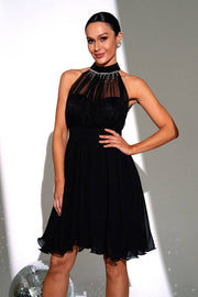 Black High Neck Sleeveless Short A-Line Tulle Prom Dresses