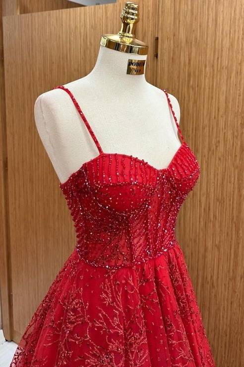 Charming Red Sweetheart Spaghetti Straps A-Line Lace Prom Dresses