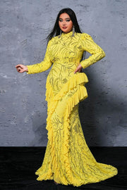 Yellow Sequined High Neck Long Sleeves Mermaid Evening Dresses with Slit