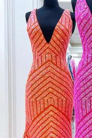 Orange V-Neck Sequined Sleeveless Mermaid Long Prom Dresses