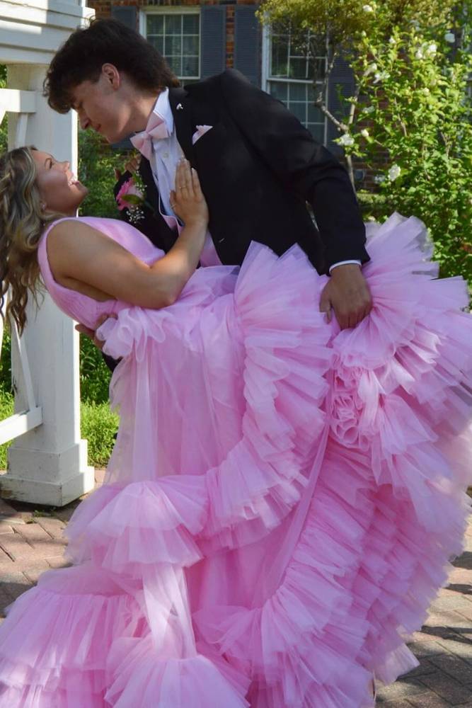 Pink V-Neck Tulle Sleeveless Long A-Line Wedding Dresses