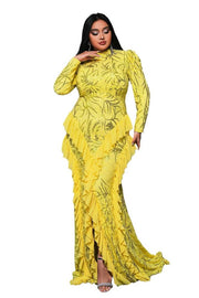 Yellow Sequined High Neck Long Sleeves Mermaid Evening Dresses with Slit