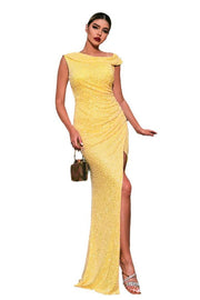 Yellow Capped Mermaid Sequin Evening Dresses with Slit