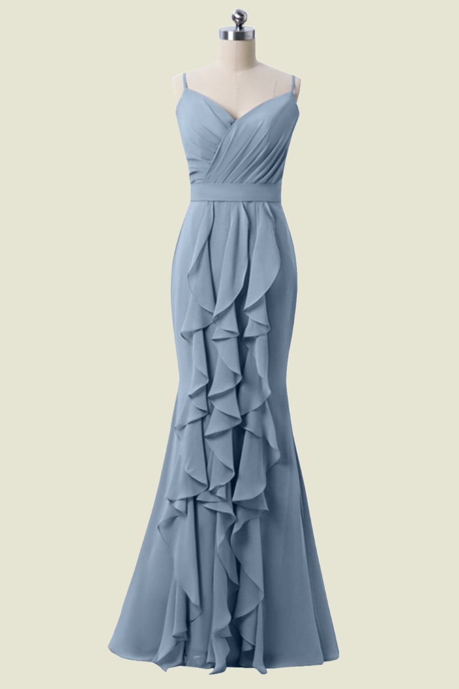 Dusty Blue Spaghetti Strap Mermaid Ruffles Chiffon Bridesmaid Dresses