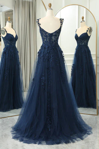 Dark Navy Long A-Line Spaghetti Straps Tulle Prom Dresses with Slit