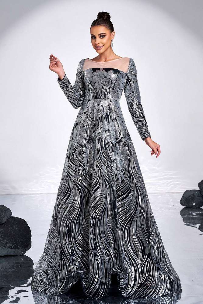 Charming  Sequined Floor-Length Jewel Neck A-Line Evening Dresses with Long Sleeves