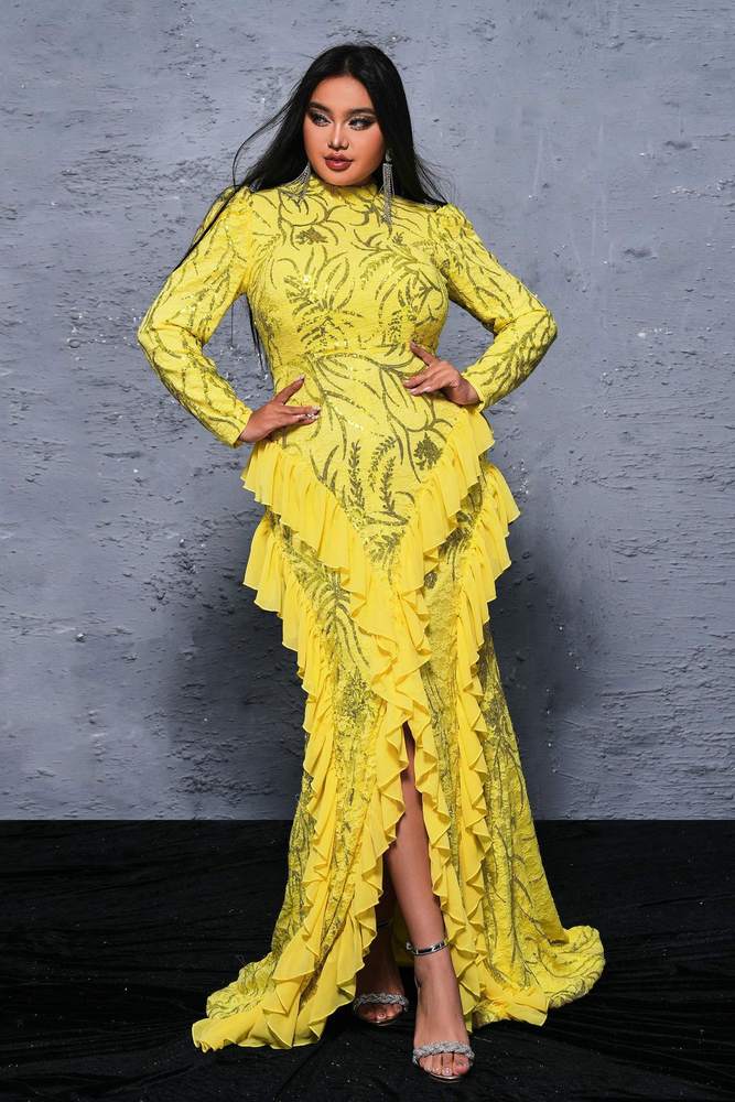 Yellow Sequined High Neck Long Sleeves Mermaid Evening Dresses with Slit