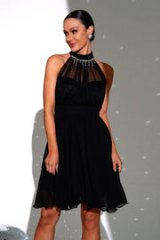 Black High Neck Sleeveless Short A-Line Tulle Prom Dresses