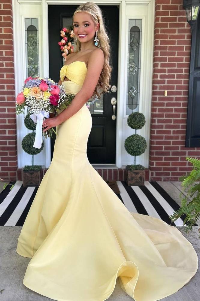 Daffodil Charming Strapless Long Mermaid Satin Prom Dresses