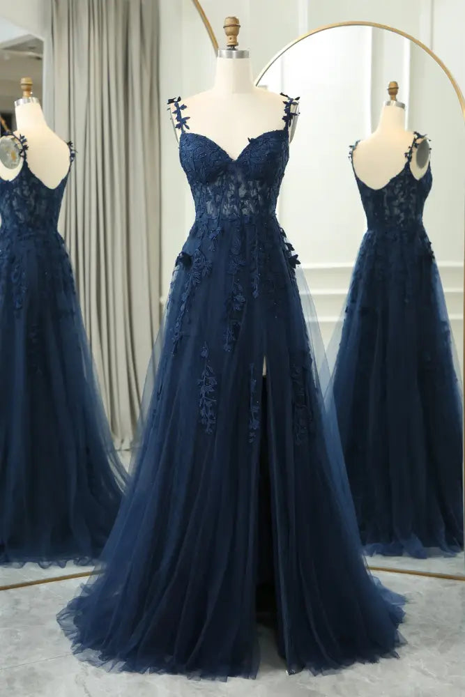 Dark Navy Long A-Line Spaghetti Straps Tulle Prom Dresses with Slit