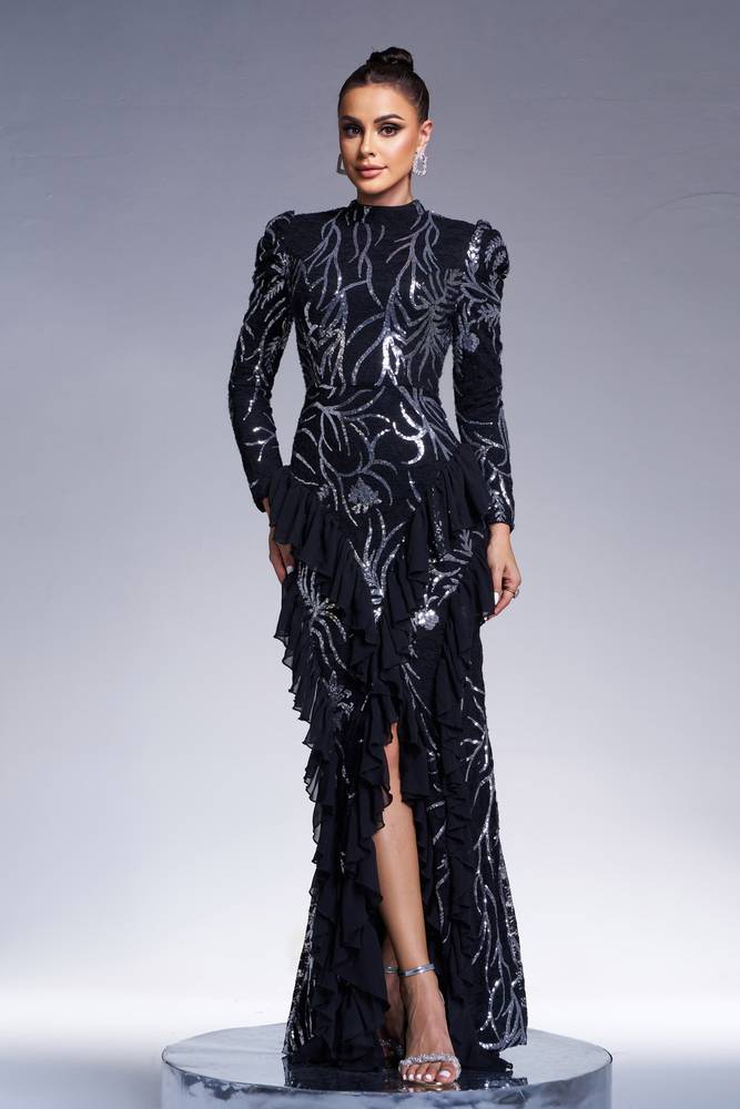 Black Sequined High Neck Long Sleeves Mermaid Evening Dresses with Slit