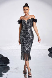 Black Sequined Tea-Length Off-The-Shoulder Mermaid Formal Evening Dresses with Tassel