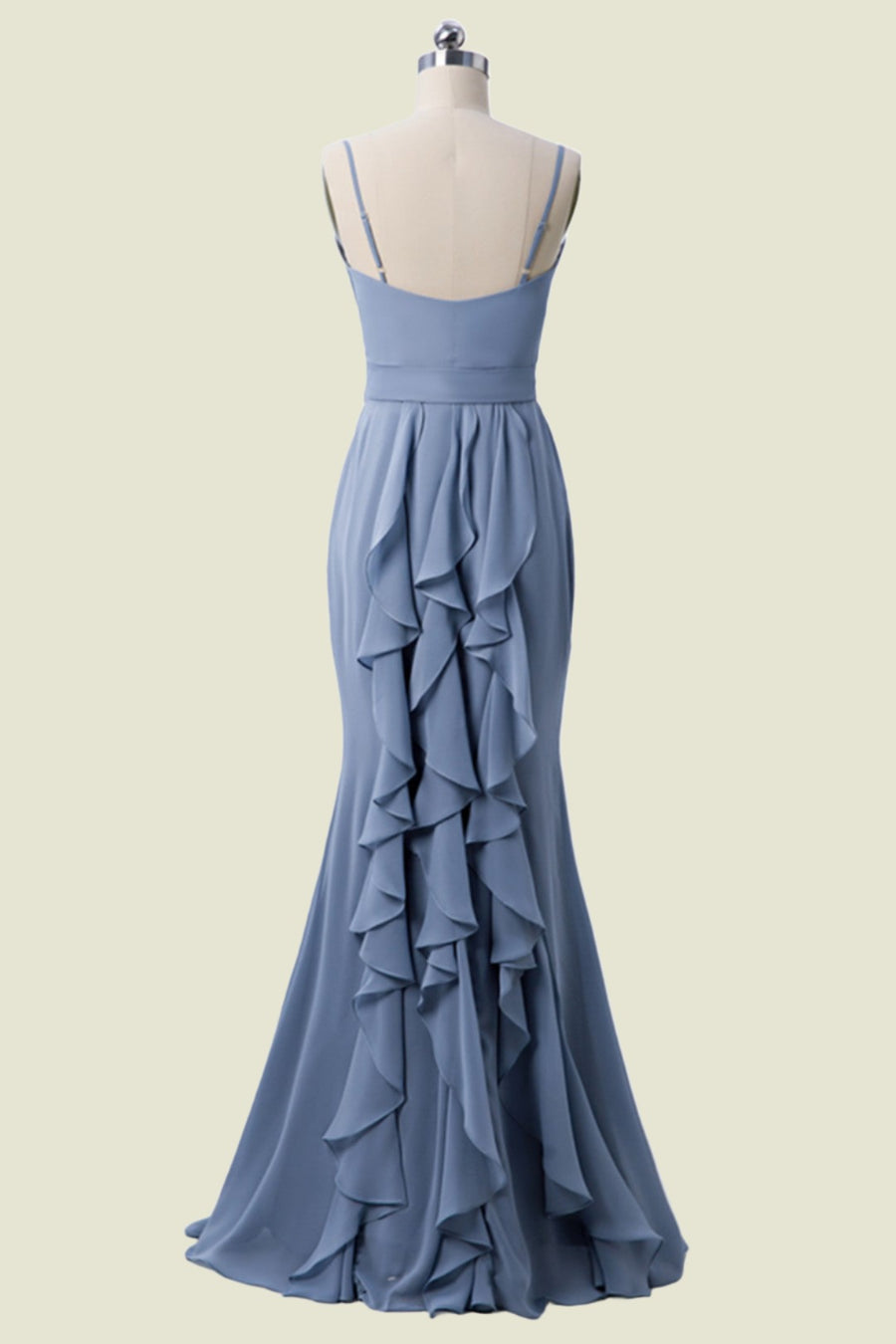 Dusty Blue Spaghetti Strap Mermaid Ruffles Chiffon Bridesmaid Dresses