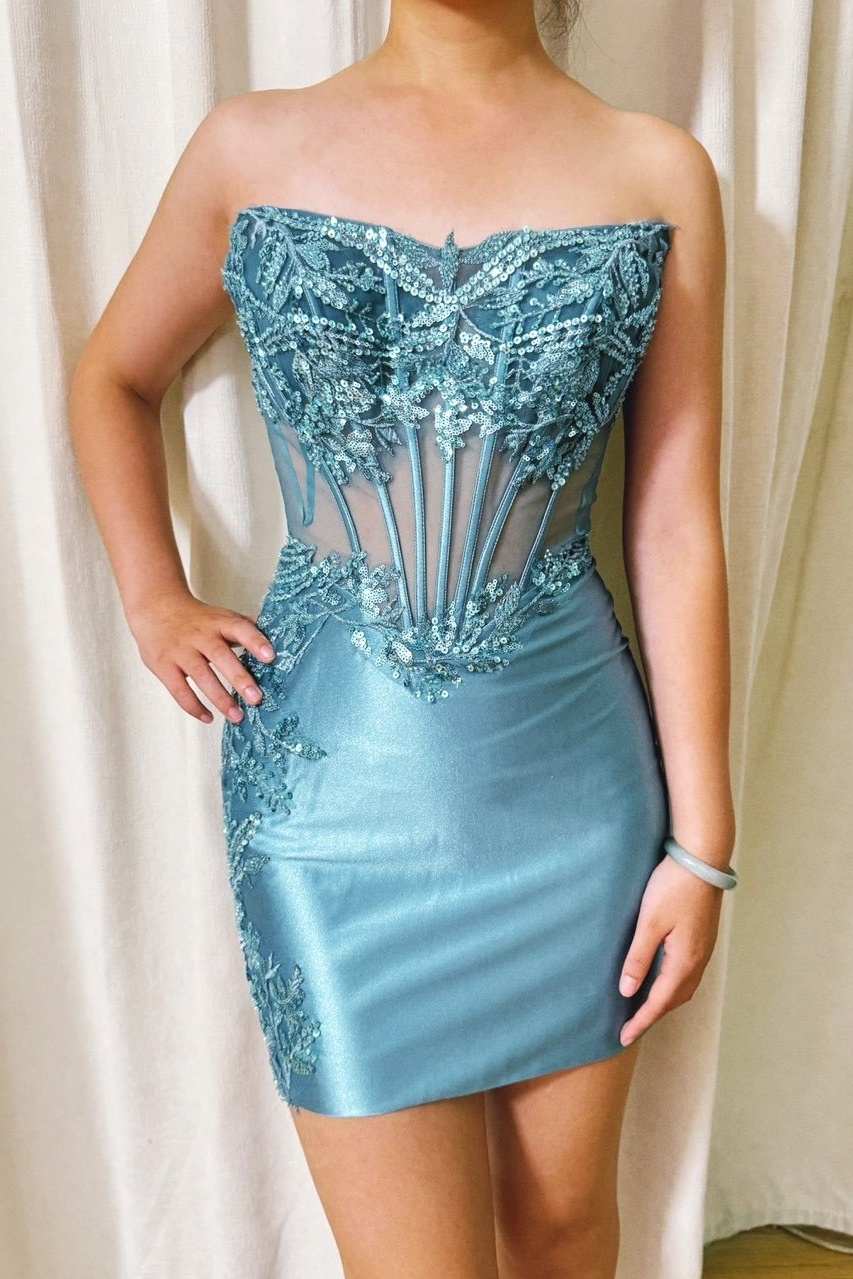 Glamorous Strapless Short Mermaid Satin Homecoming Dress