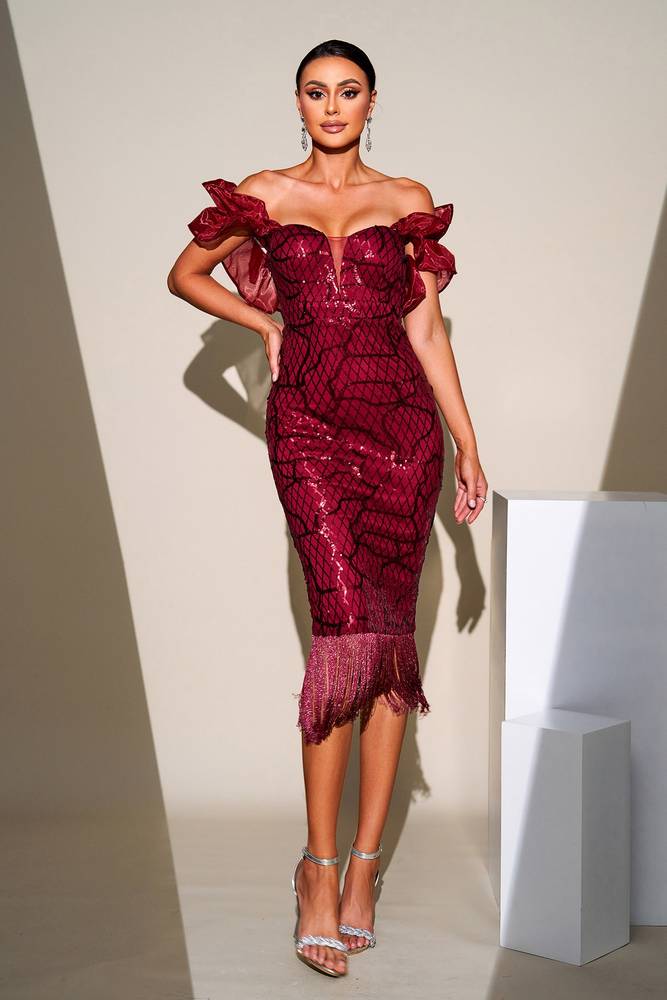 Burgundy Sequined Tea-Length Off-The-Shoulder Mermaid Formal Evening Dresses with Tassel